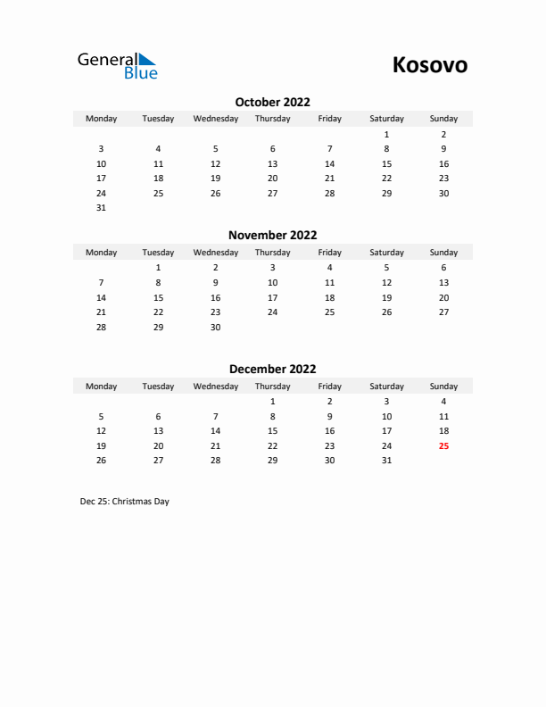 Printable Quarterly Calendar with Notes and Kosovo Holidays- Q4 of 2022