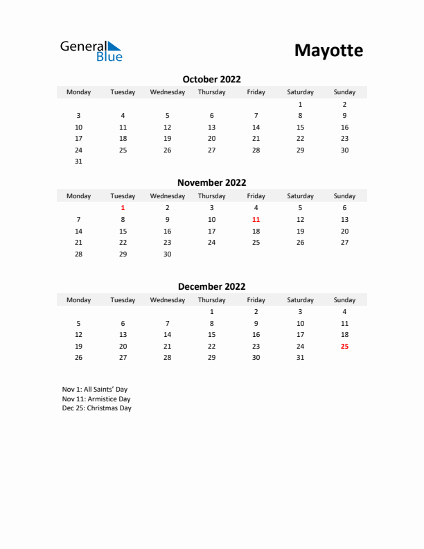 Printable Quarterly Calendar with Notes and Mayotte Holidays- Q4 of 2022