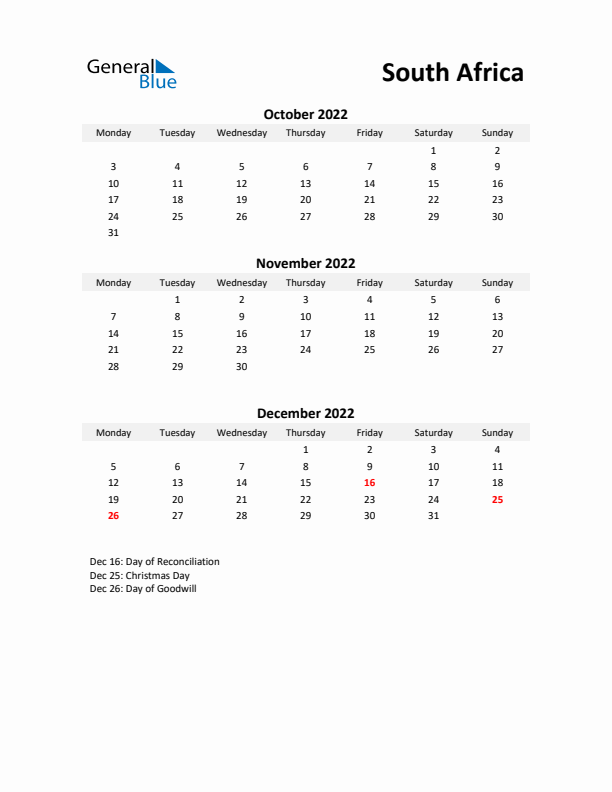 Printable Quarterly Calendar with Notes and South Africa Holidays- Q4 of 2022