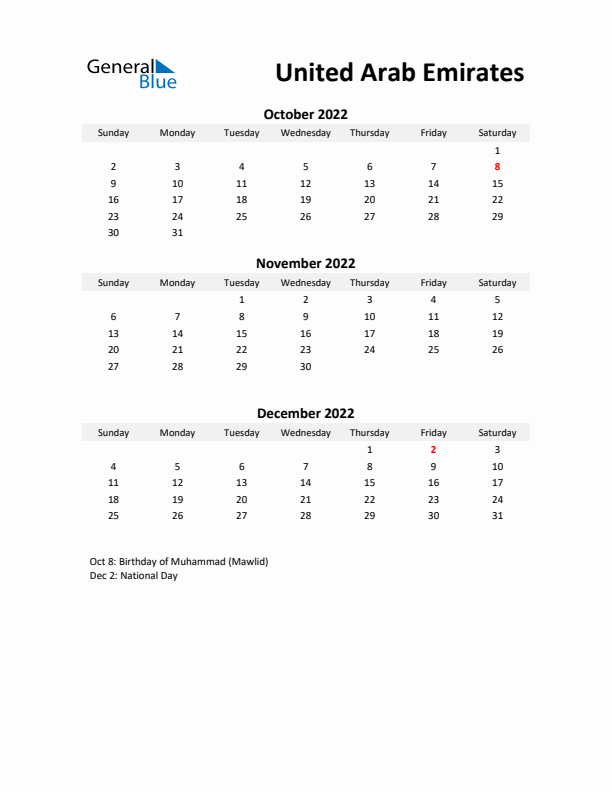 Printable Quarterly Calendar with Notes and United Arab Emirates Holidays- Q4 of 2022