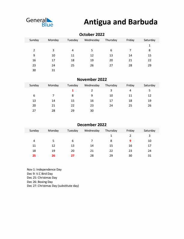 Printable Quarterly Calendar with Notes and Antigua and Barbuda Holidays- Q4 of 2022