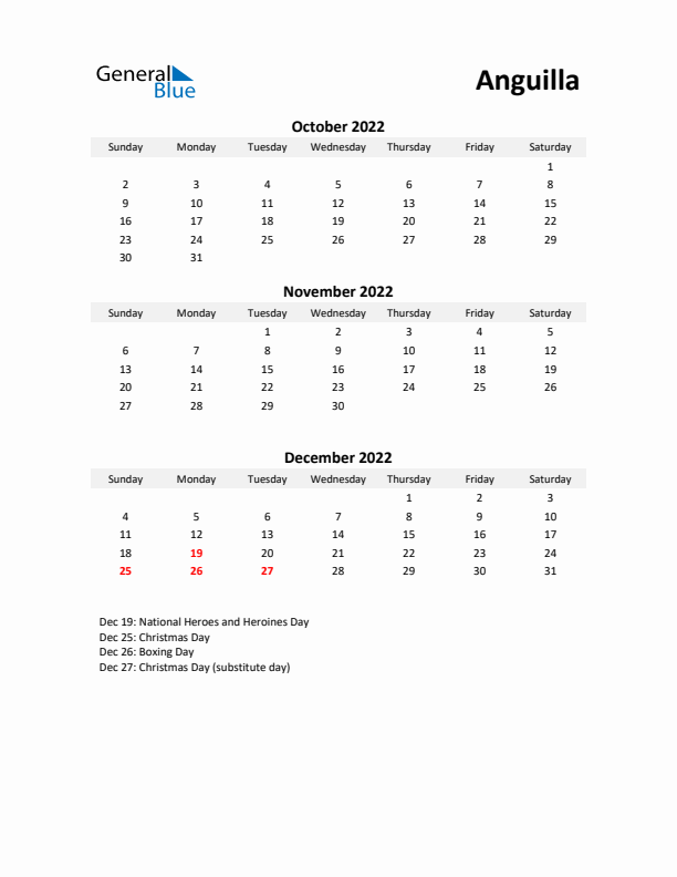 Printable Quarterly Calendar with Notes and Anguilla Holidays- Q4 of 2022