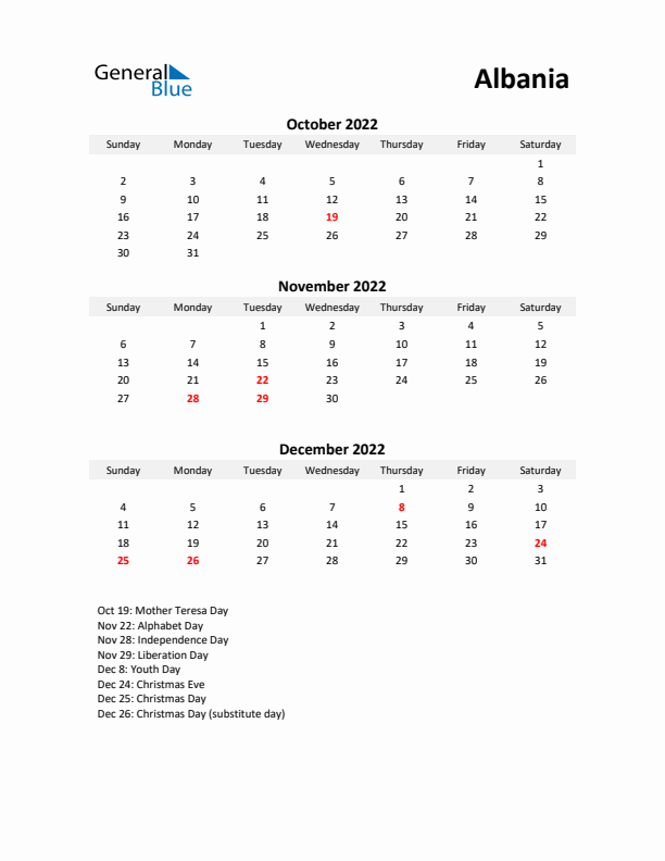 Printable Quarterly Calendar with Notes and Albania Holidays- Q4 of 2022