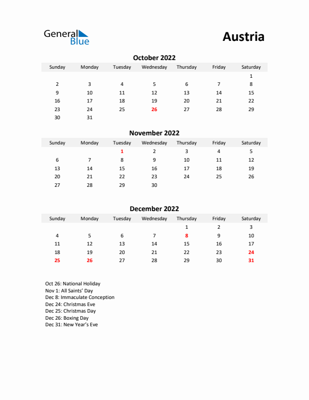 Printable Quarterly Calendar with Notes and Austria Holidays- Q4 of 2022