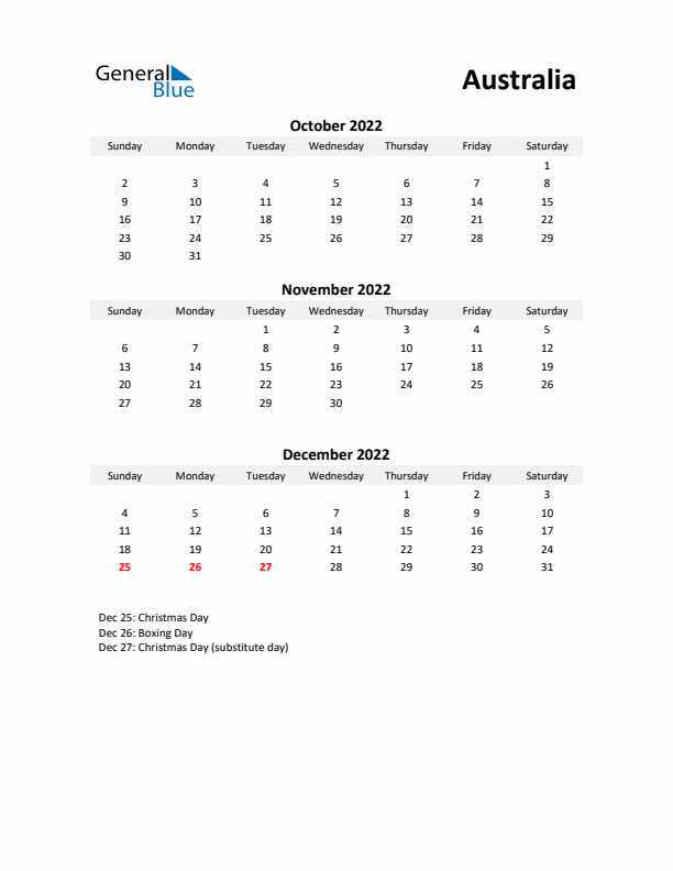 Printable Quarterly Calendar with Notes and Australia Holidays- Q4 of 2022