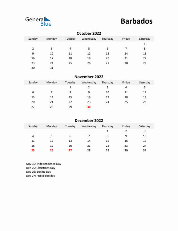 Printable Quarterly Calendar with Notes and Barbados Holidays- Q4 of 2022