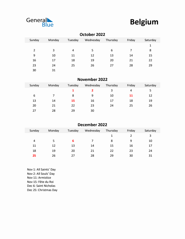 Printable Quarterly Calendar with Notes and Belgium Holidays- Q4 of 2022