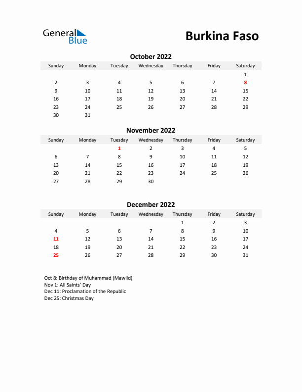 Printable Quarterly Calendar with Notes and Burkina Faso Holidays- Q4 of 2022