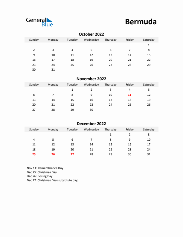 Printable Quarterly Calendar with Notes and Bermuda Holidays- Q4 of 2022