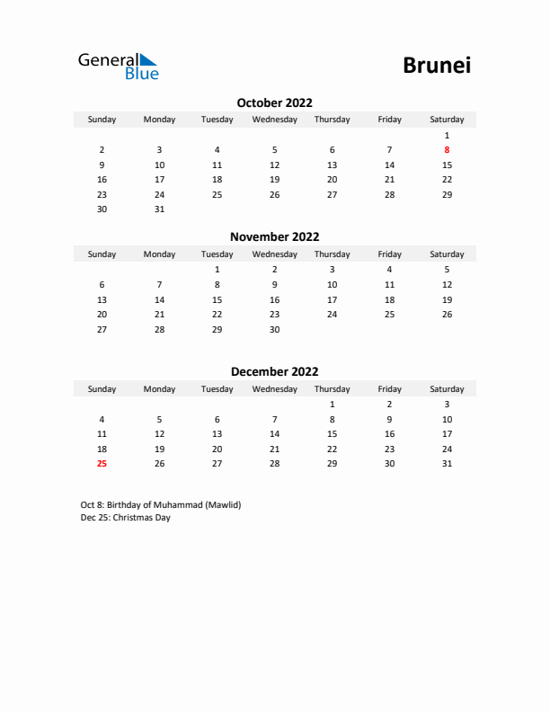 Printable Quarterly Calendar with Notes and Brunei Holidays- Q4 of 2022