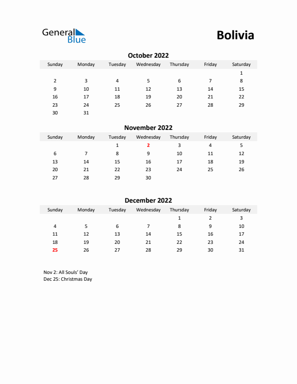 Printable Quarterly Calendar with Notes and Bolivia Holidays- Q4 of 2022