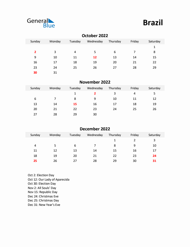 Printable Quarterly Calendar with Notes and Brazil Holidays- Q4 of 2022