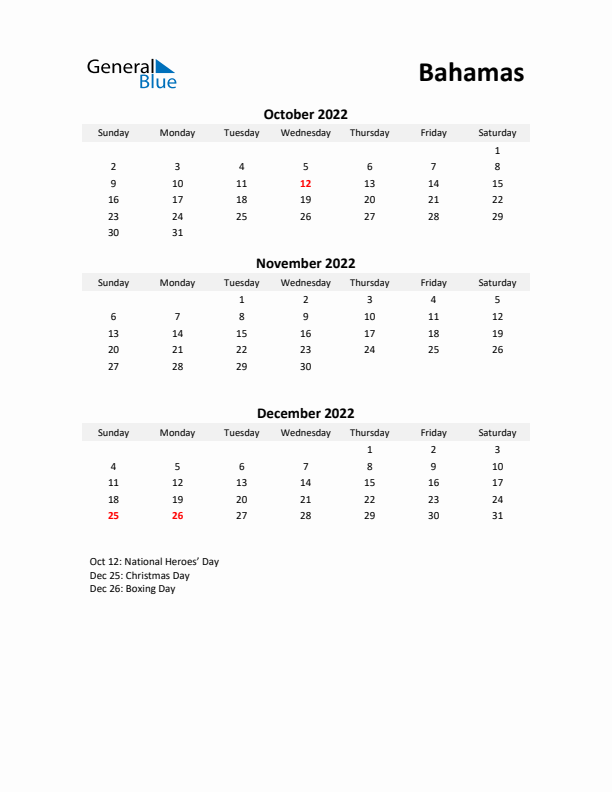 Printable Quarterly Calendar with Notes and Bahamas Holidays- Q4 of 2022