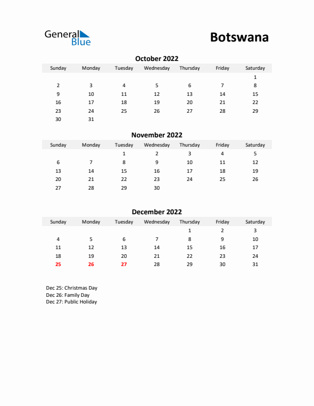 Printable Quarterly Calendar with Notes and Botswana Holidays- Q4 of 2022