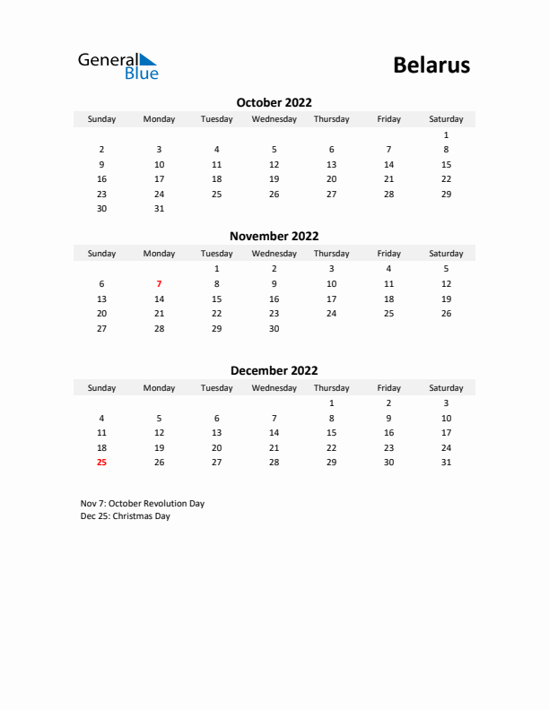 Printable Quarterly Calendar with Notes and Belarus Holidays- Q4 of 2022