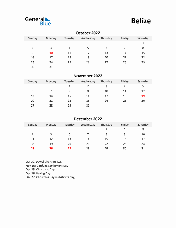 Printable Quarterly Calendar with Notes and Belize Holidays- Q4 of 2022