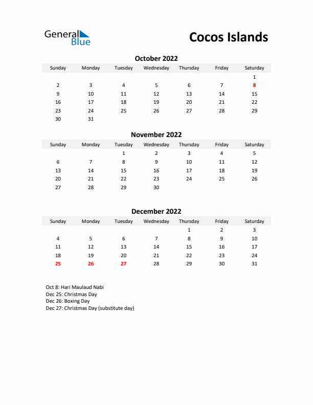 Printable Quarterly Calendar with Notes and Cocos Islands Holidays- Q4 of 2022