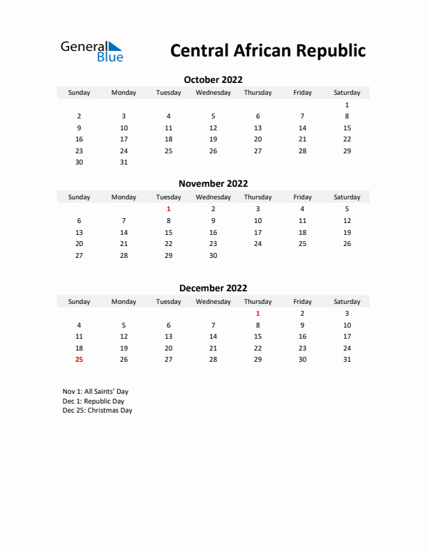 Printable Quarterly Calendar with Notes and Central African Republic Holidays- Q4 of 2022