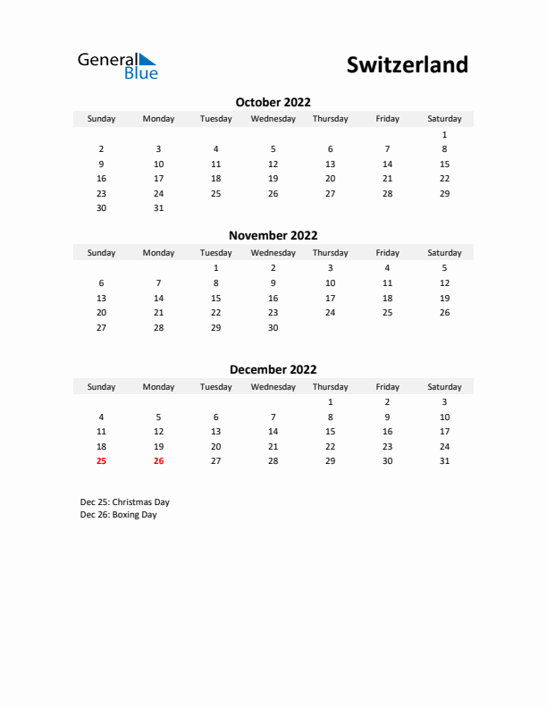 Printable Quarterly Calendar with Notes and Switzerland Holidays- Q4 of 2022