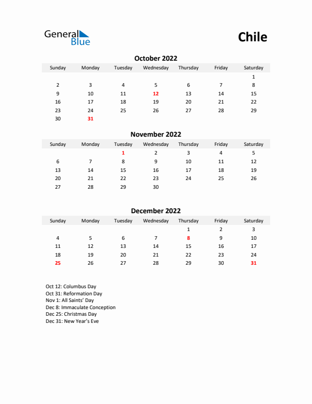 Printable Quarterly Calendar with Notes and Chile Holidays- Q4 of 2022