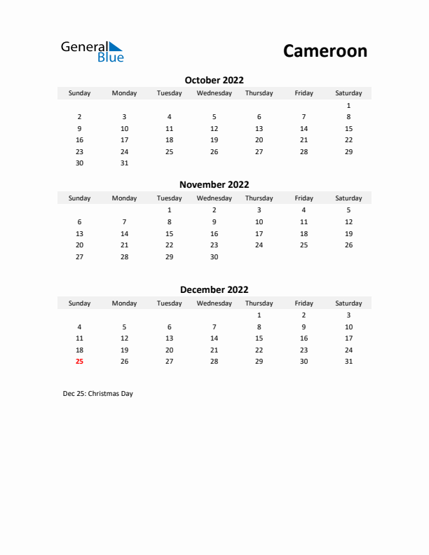 Printable Quarterly Calendar with Notes and Cameroon Holidays- Q4 of 2022