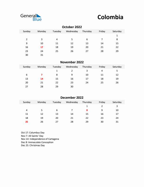 Printable Quarterly Calendar with Notes and Colombia Holidays- Q4 of 2022