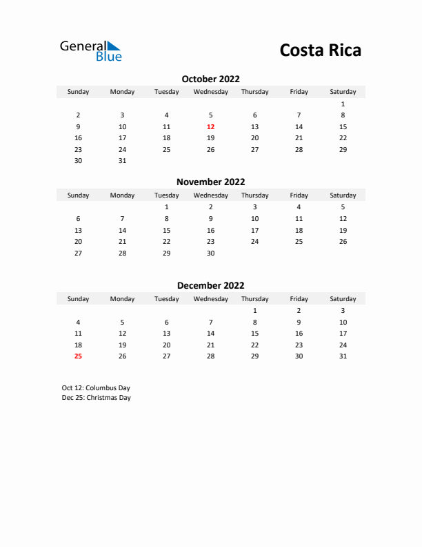 Printable Quarterly Calendar with Notes and Costa Rica Holidays- Q4 of 2022