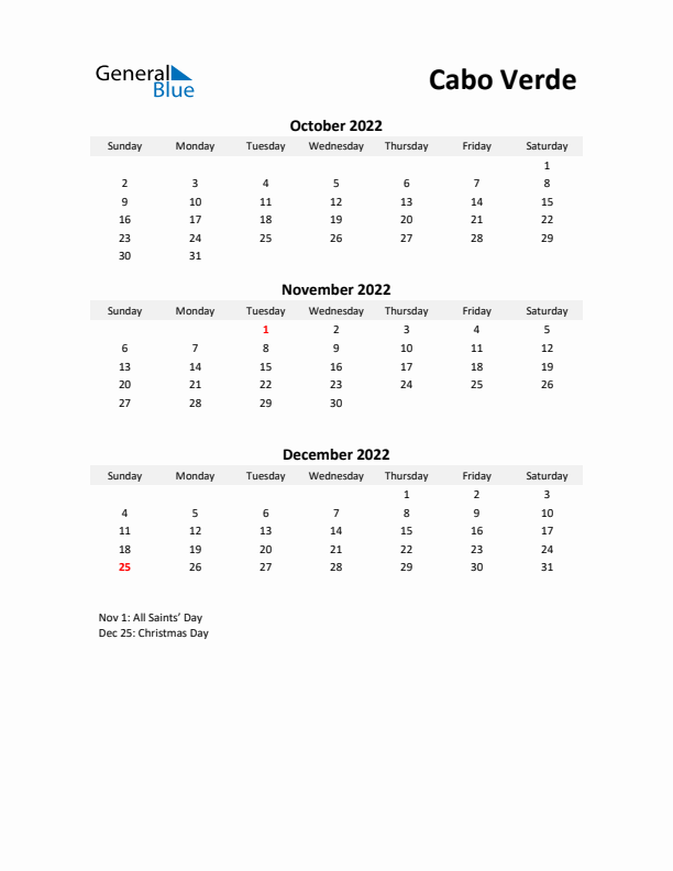 Printable Quarterly Calendar with Notes and Cabo Verde Holidays- Q4 of 2022