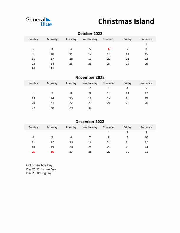 Printable Quarterly Calendar with Notes and Christmas Island Holidays- Q4 of 2022