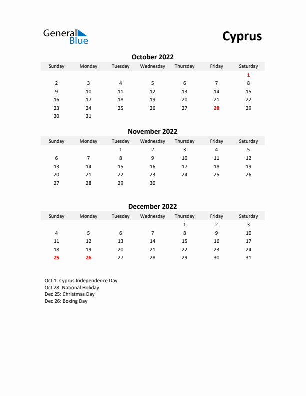 Printable Quarterly Calendar with Notes and Cyprus Holidays- Q4 of 2022