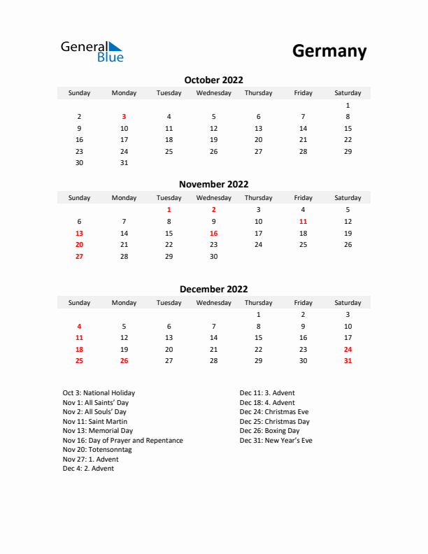 Printable Quarterly Calendar with Notes and Germany Holidays- Q4 of 2022