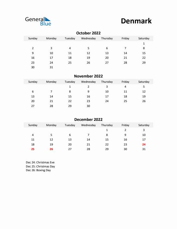 Printable Quarterly Calendar with Notes and Denmark Holidays- Q4 of 2022