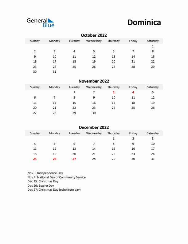 Printable Quarterly Calendar with Notes and Dominica Holidays- Q4 of 2022