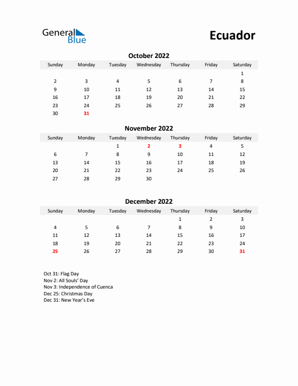 Printable Quarterly Calendar with Notes and Ecuador Holidays- Q4 of 2022