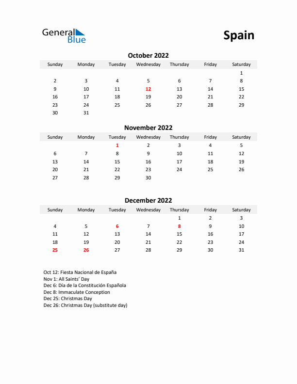 Printable Quarterly Calendar with Notes and Spain Holidays- Q4 of 2022