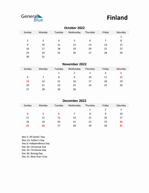 Printable Quarterly Calendar with Notes and Finland Holidays- Q4 of 2022