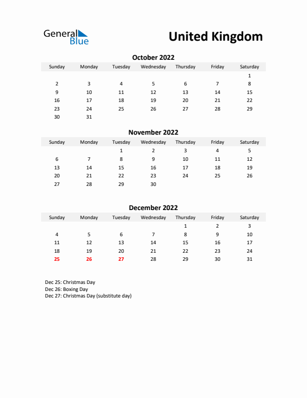 Printable Quarterly Calendar with Notes and United Kingdom Holidays- Q4 of 2022