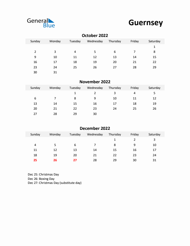 Printable Quarterly Calendar with Notes and Guernsey Holidays- Q4 of 2022