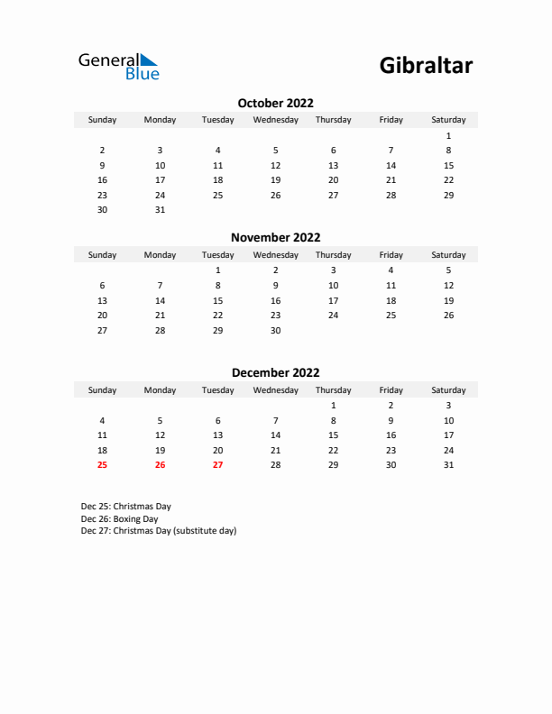 Printable Quarterly Calendar with Notes and Gibraltar Holidays- Q4 of 2022