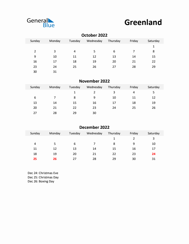 Printable Quarterly Calendar with Notes and Greenland Holidays- Q4 of 2022