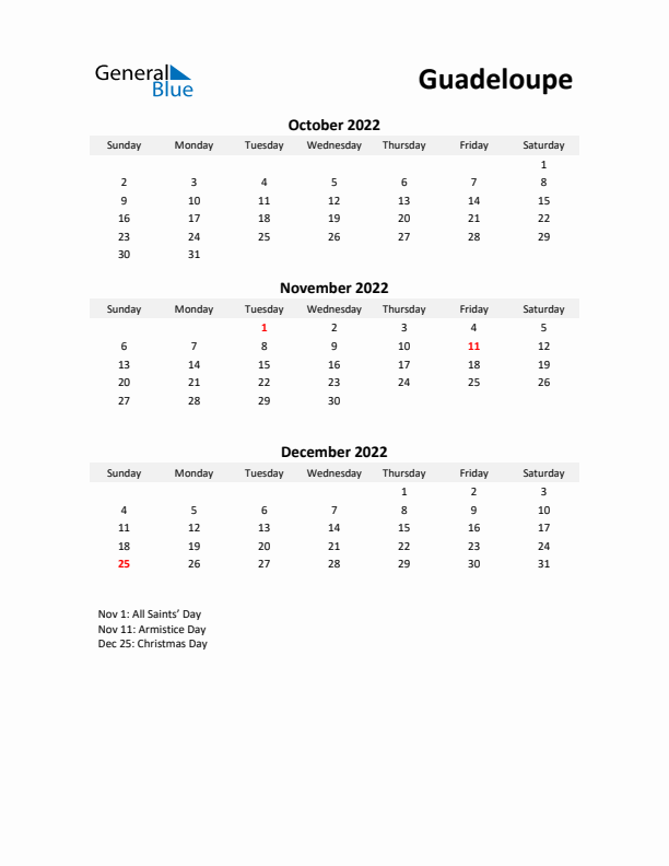 Printable Quarterly Calendar with Notes and Guadeloupe Holidays- Q4 of 2022