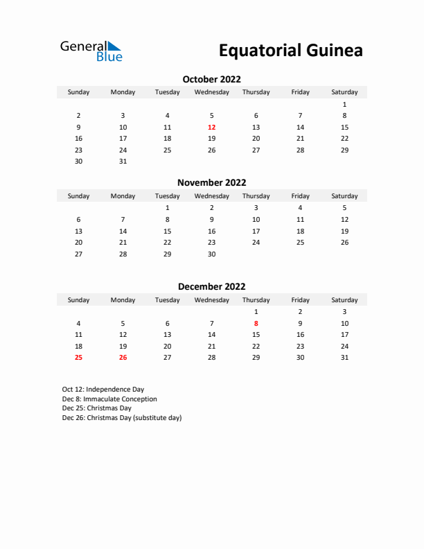 Printable Quarterly Calendar with Notes and Equatorial Guinea Holidays- Q4 of 2022