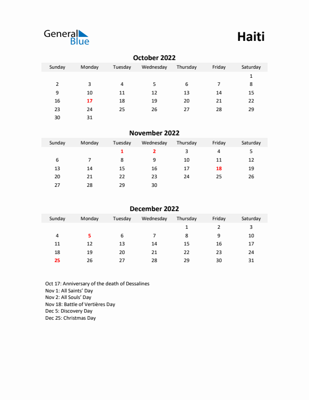 Printable Quarterly Calendar with Notes and Haiti Holidays- Q4 of 2022