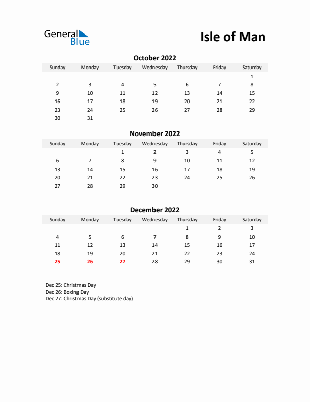 Printable Quarterly Calendar with Notes and Isle of Man Holidays- Q4 of 2022