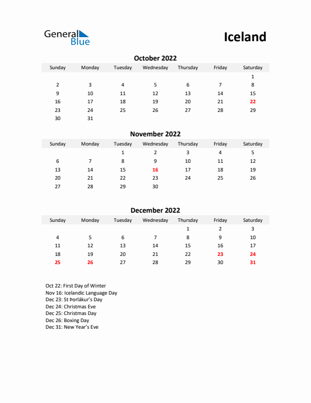 Printable Quarterly Calendar with Notes and Iceland Holidays- Q4 of 2022