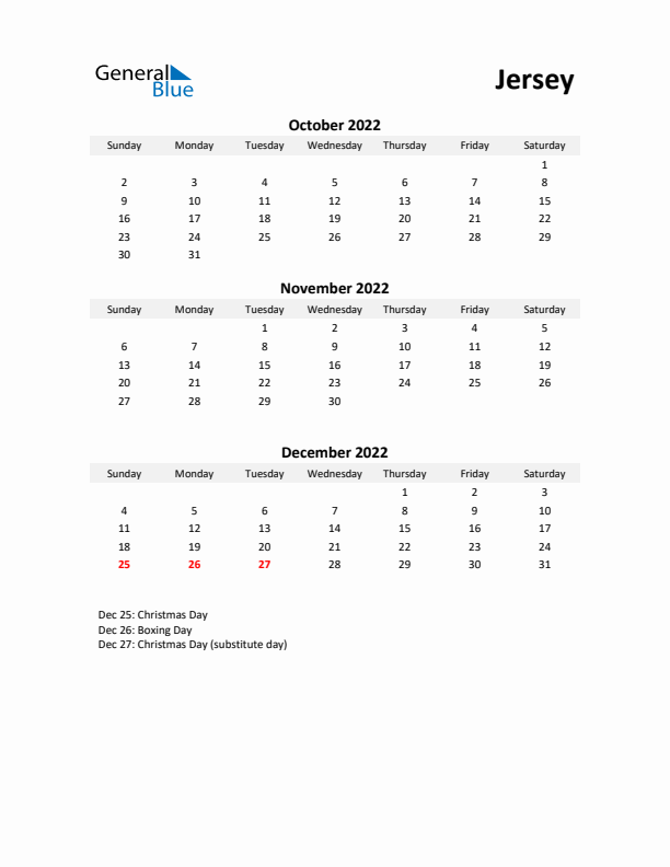 Printable Quarterly Calendar with Notes and Jersey Holidays- Q4 of 2022