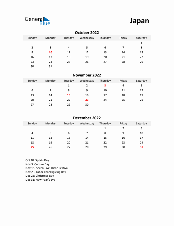 Printable Quarterly Calendar with Notes and Japan Holidays- Q4 of 2022