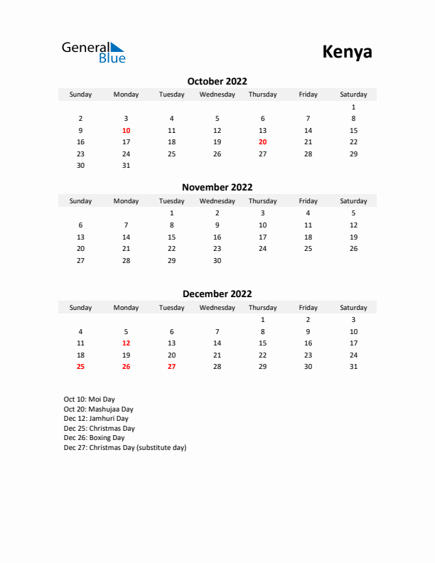 Printable Quarterly Calendar with Notes and Kenya Holidays- Q4 of 2022