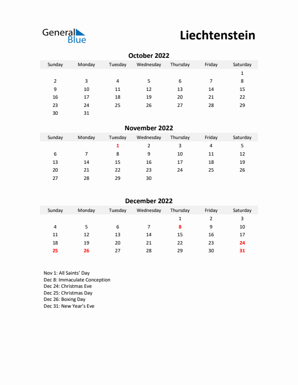 Printable Quarterly Calendar with Notes and Liechtenstein Holidays- Q4 of 2022