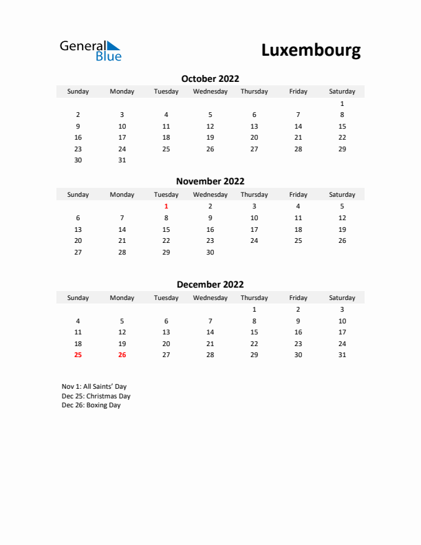 Printable Quarterly Calendar with Notes and Luxembourg Holidays- Q4 of 2022